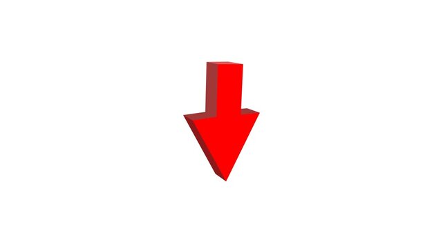 Animated 3D red down arrow, bouncing direction pointer graphic, isolated video overlay element