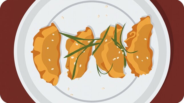 Flat vector illustration of crispy fried dumplings or gyoza topped with sesame seeds and scallions served on a white plate, top view background