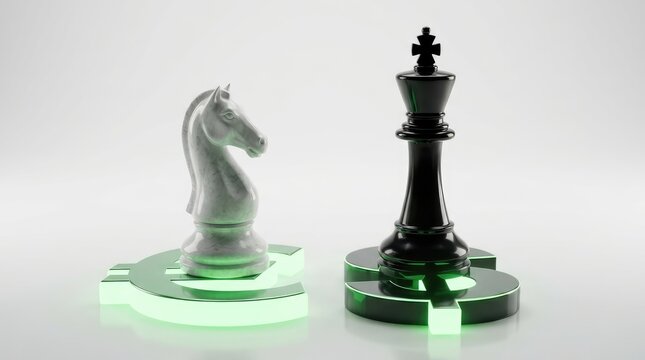 Two chess pieces glowing under green light on reflective bases