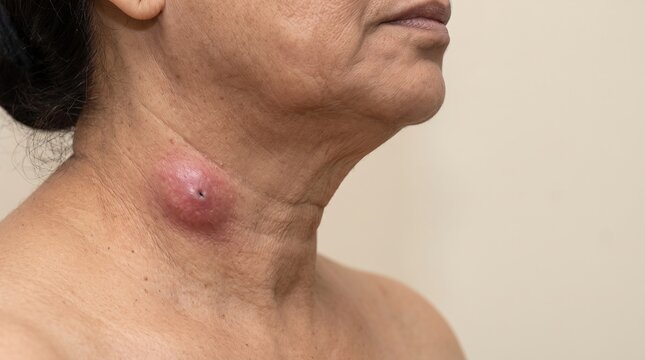 Large infected boil with visible central pore on older woman's neck