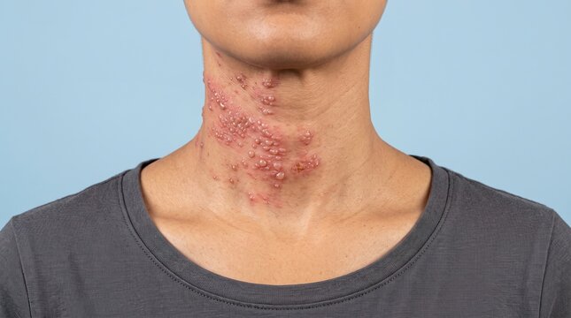 Shingles virus or severe blistering skin rash on the neck of a person