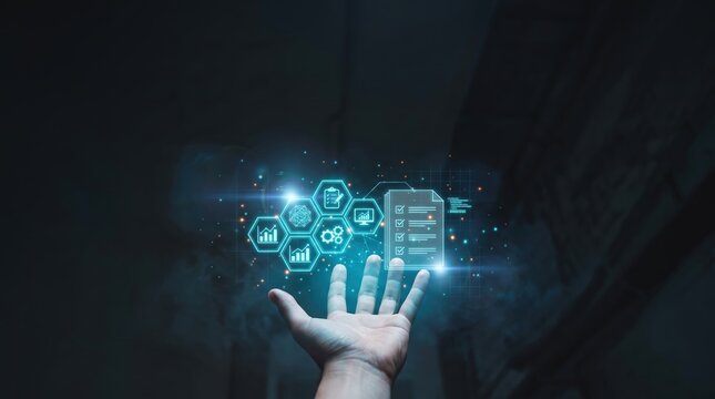 Human hand interacting with a glowing digital interface showing business data and task checklists