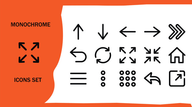 Monochrome outline icon set with arrows, expand, refresh, menu and share symbols