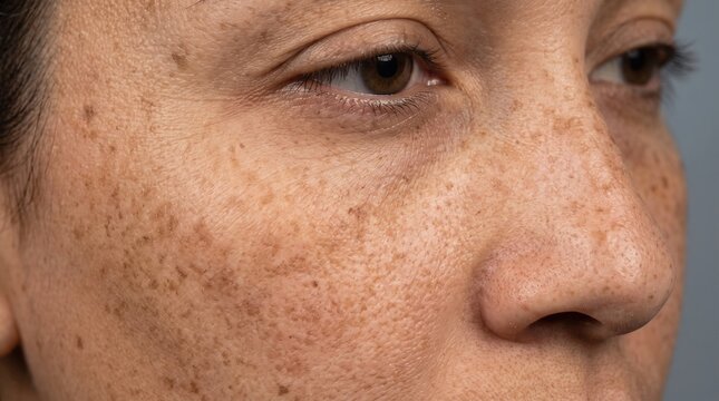 Detailed texture of extensive melasma and sun damage hyperpigmentation on a woman's cheek