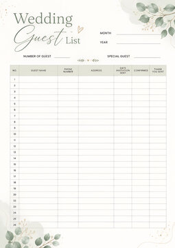 Wedding Guest List Planner Template for Organizing Guest Details, RSVP Status and Seating Arrangements