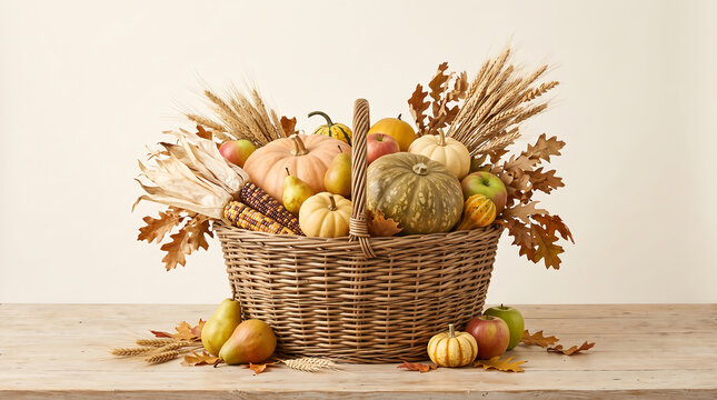 Autumn harvest basket with pumpkins, fruits, and wheat