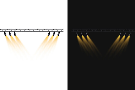Stage lighting truss with bright yellow spotlights isolated on