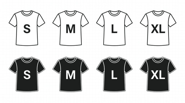 T shirt size guide icon set with small medium large extra large outline black and white vector vectors