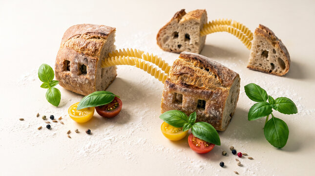 Creative food art of spiral pasta bridges connecting artisan bread houses with tomatoes