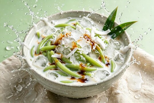 Thai lod chong cendol in coconut milk with ice floating