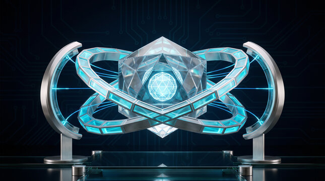 Futuristic quantum computer core with rotating metallic rings and glowing energy sphere