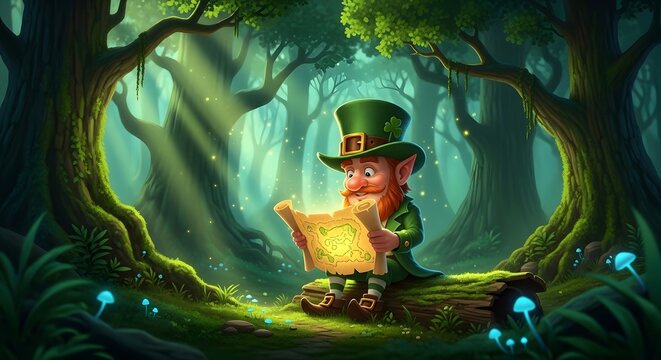 A whimsical forest gnome intently studying a glowing, ancient map amidst the dappled light of an enchanted woodland, surrounded by vibrant moss and mystical flora