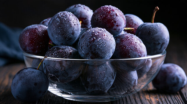 Dark plums with water drops in a glass bowl