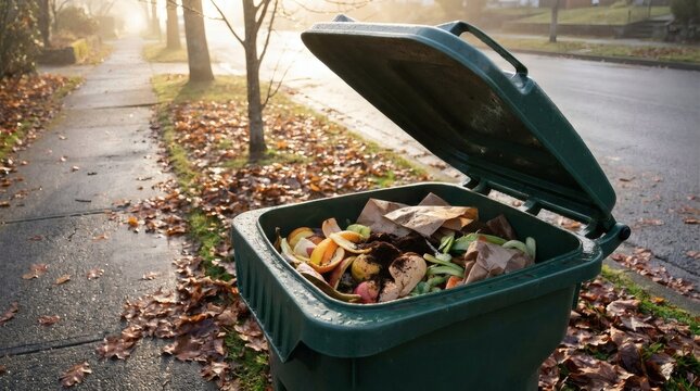 Open green compost bin full of food scraps and paper bags on a sidewalk with autumn leaves and misty light.