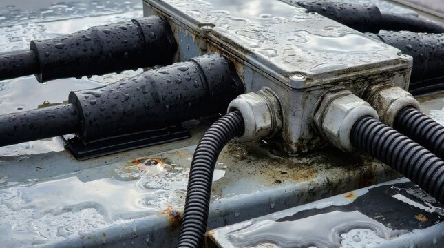 Weathered outdoor electrical junction box with conduits and cables covered in raindrops on a rusty metal surface.