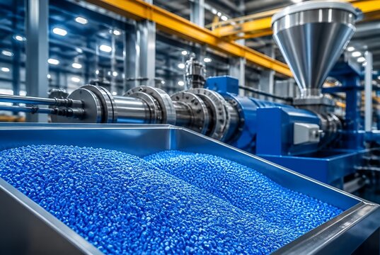 Industrial plastic extrusion machine processing blue polymer pellets in a modern manufacturing facility