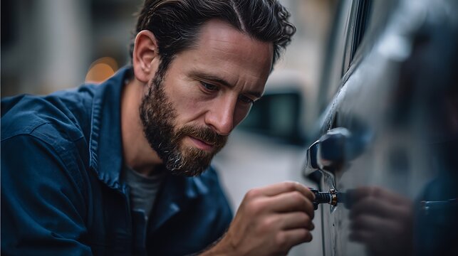 Focused man trying to unlock a car door with a small metal tool