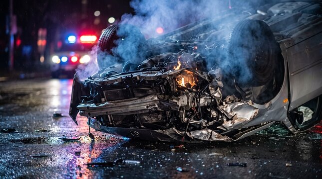 Burning Wrecked Vehicle with Thick Smoke and Emergency Lights at Night