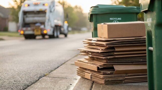 Flattened Cardboard Boxes Stacked for Curbside Recycling Pickup Next to Green Bins with a Garbage Truck in the Background