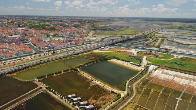 Aerial View of Aveiro and Coastal Salt Pans in Portugal