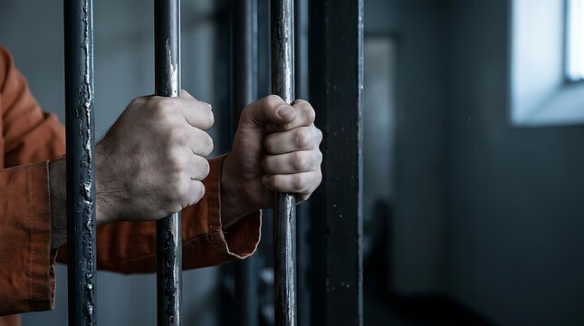 Inmate holding onto heavy metal prison bars in a dark and moody cell representing imprisonment and criminal justice
