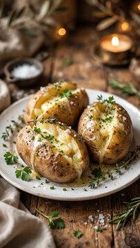 Baked Potatoes with Melted Butter and Fresh Herbs on a White Plate, Set Against a Rustic Table with Warm Lighting, Creating a Cozy and Inviting Dining Experience