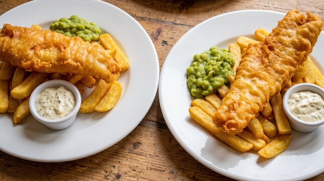 Traditional British fish and chips, accompanied by creamy pea puree and tartar sauce, featuring crispy golden batter, and classic cuisine presentation
