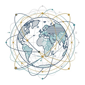 Global network connection world globe vector illustration with digital communication nodes