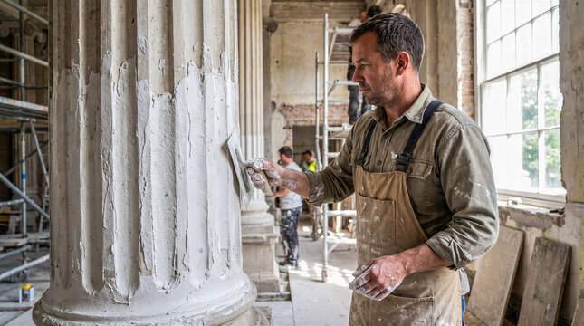 Plasterer worker restoring an ancient architectural column with trowel tool