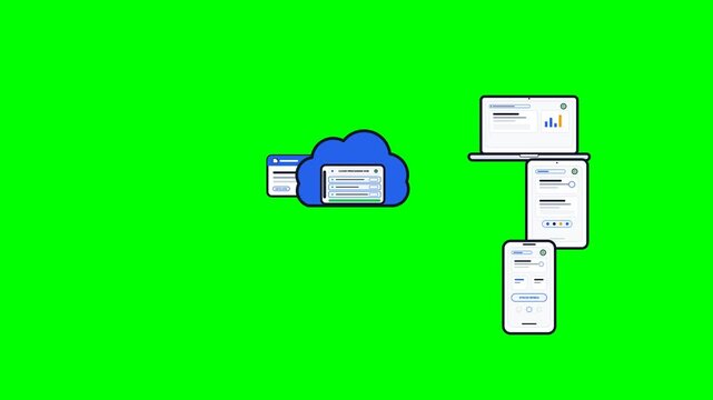 A digital data package uploads into a central cloud computing hub, triggering cloud processing and sequential synchronization pulses to a laptop, tablet, and smartphone. Each device physically reacts