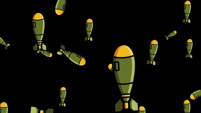Dropping bombs animation. Green bombs falling from the sky. Nuclear bombs fall from above. Atom bomb Nuke. Vector illustration style. 4K Alpha Transparent Background Seamless loop.