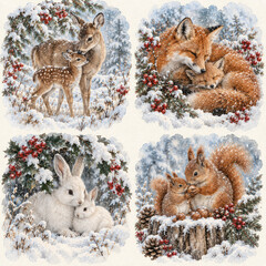 Fototapeta premium Cute Winter Animal Families Watercolor Set with Deer, Foxes, White Rabbits and Squirrels in Snow