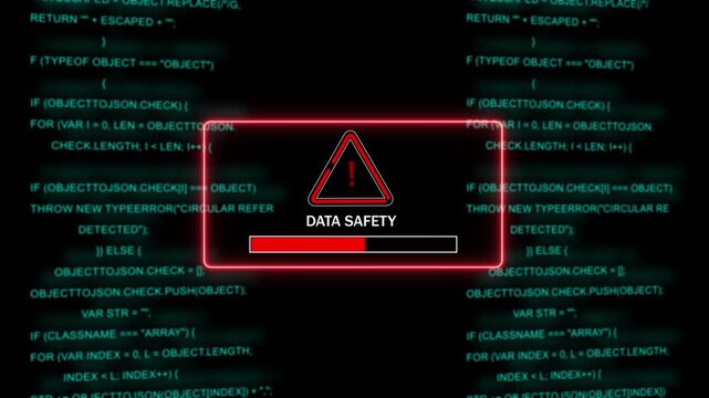 Cybersecurity data safety warning alert with red progress loading bar and digital programming source code background, for network protection, information privacy, system, security, and software