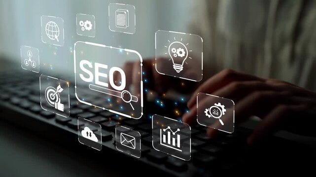 SEO concept for improving SEO visibility, with SEO related digital tools and SEO performance icons shown in an focused layout for strategic marketing. Muxer