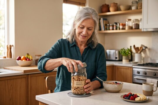 Confident senior woman easily opening accessible breakfast jar with easy grip lid in kitchen