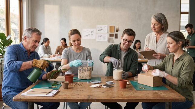 Diverse focus group testing accessible packaging prototypes with researcher in usability lab for inclusive design