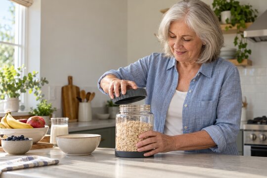 Confident senior woman easily opening accessible oat jar with textured lid in bright morning kitchen