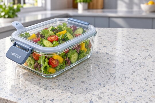 Premium accessible glass salad container with easy open latch and clear instructions in kitchen