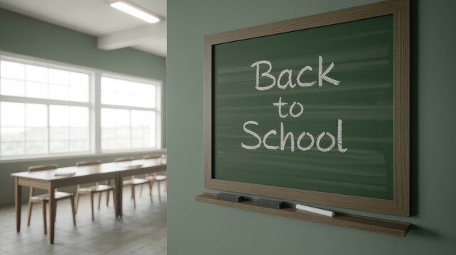 Chalkboard with back to school written in chalk inside an empty classroom with wooden desks with chalk hangs wall instruction