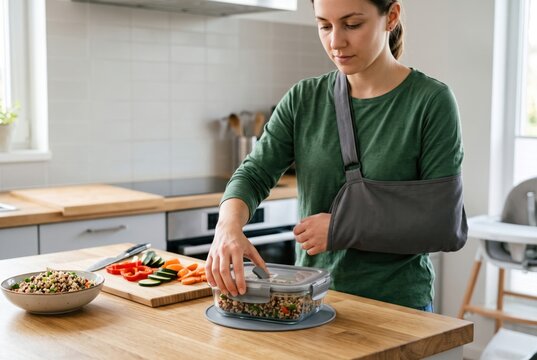 Woman with arm sling preparing meal using one handed accessible food container in kitchen