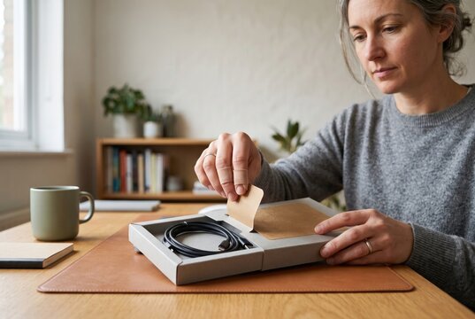 Woman with bandaged fingers opening accessible tech packaging with easy pull tab at home desk
