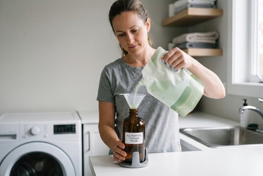 Woman pouring cleaning product from accessible refill pouch with ergonomic handle into bottle