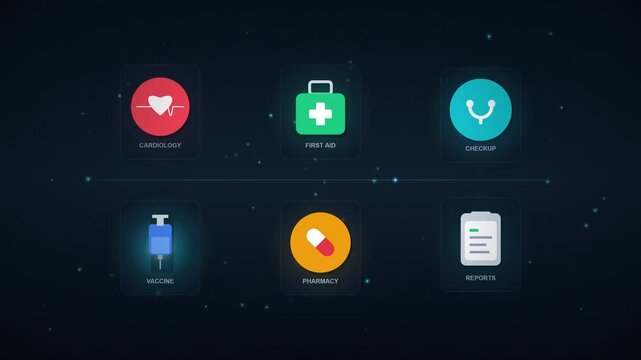 Medical app interface icons with cardiology first aid checkup vaccine pharmacy and reports