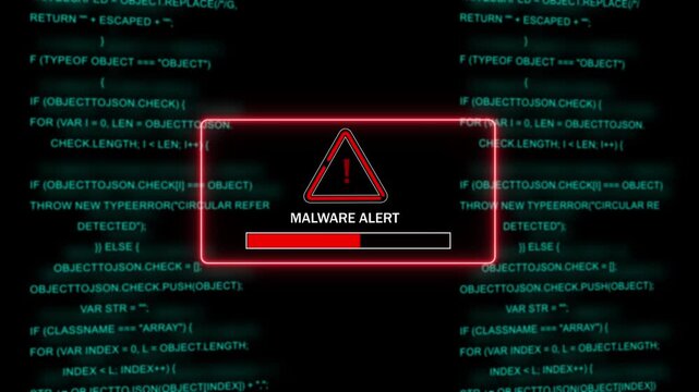 Cybersecurity malware alert warning sign with red progress loading bar overlaid on scrolling digital computer programming code background, for tech security, data breach, and, hacking protection