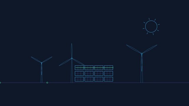 Minimalist renewable energy vector illustration with sun wind turbines and solar panels