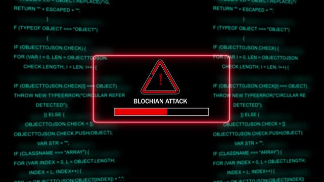 Cybersecurity blockchain attack warning alert with red progress bar loading on digital screen displaying complex programming source code background, for technology and, network security threat