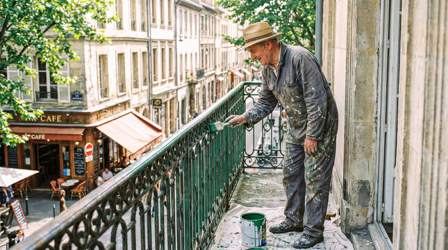 Senior craftsman painting wrought iron balcony railing with green paint