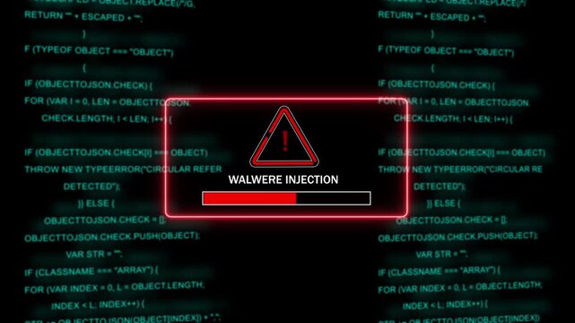 Cybersecurity threat alert featuring malware injection warning message with red progress bar overlaid on scrolling digital source code background, for tech security, hacking, and data, breach concepts