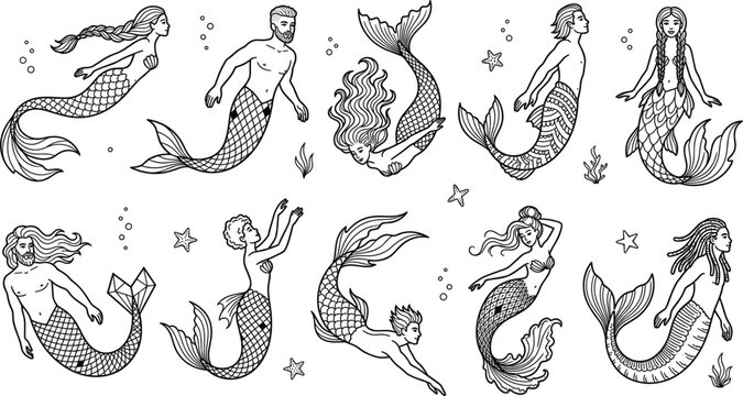 Mystical Mermaid and Merman Vector Icon Set with Vintage Black Line Art Style Mythological Sea Creatures for Nautical and Fantasy Designs (21 words)
