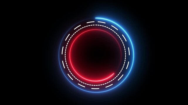 Futuristic neon blue and red circular hud with animated dashes on black background, abstract animation circle Motion graphics of concept.